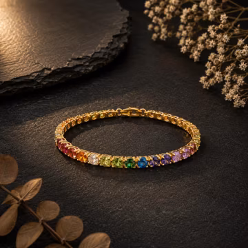 Rainbow Birthstone Tennis Bracelet Multicolor Gemstone 925 Sterling Silver Yellow Gold Plated Jewelry, Personalized Mother's Day Gift