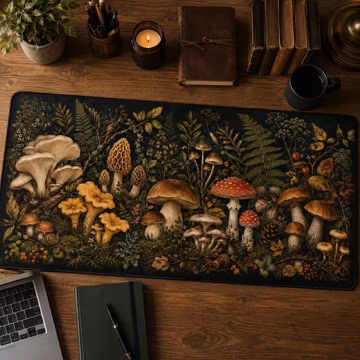 Mushroom Forager Desk Mat Dark Cottagecore Botanical Forest XL Mouse Pad Neoprene Woodland Office Decor Mycology Nature Lover Gift