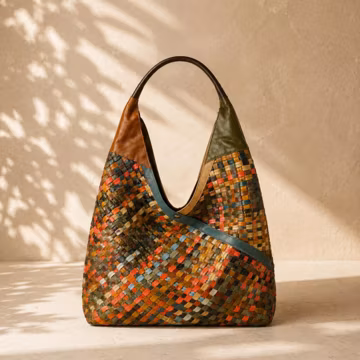 Handmade Woven Leather Hobo Bag, Colorful Patchwork Shoulder Bag, Boho Leather Tote Bag, Large Slouchy Purse,Unique Travel & Summer Bag Gift