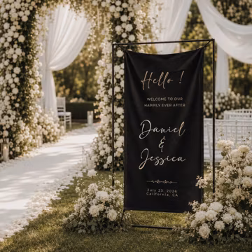 Personalized Black Wedding Welcome Sign Banner | Luxury Gold Lettering Fabric Sign | Custom Name Wedding Backdrop | Elegant Outdoor Ceremony