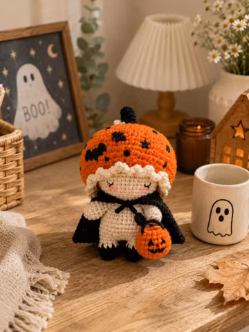 Halloween Mushroom Doll Crochet, Pumpkin Mushroom Amigurumi Plush, Cute Fall Fairy Doll, Handmade Autumn Decor, Spooky Gift