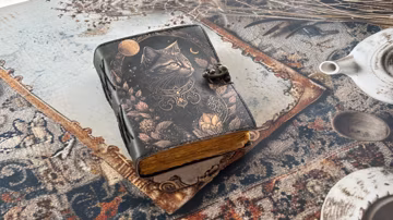 Handmade Black Cat Leather Journal, Gothic Moon Grimoire Notebook, Handmade Vintage Sketchbook, Witchy Spell Book Celestial Cat Diary, Gift