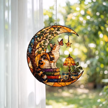 Calico Cat Crescent Moon Stained Glass Suncatcher, Book Lover Window Hanging, Butterfly Cat Lover Gift, Cozy Reading Decor BP-378