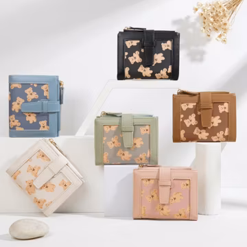 Kawaii Bear Compact Wallet for Women, Small Bifold Wallet, PU-Leather Card Holder, Zipper Coin-Purse