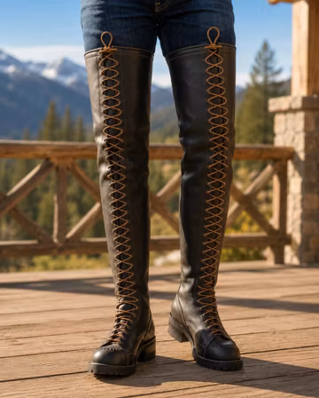 Men's Custom Leather Thigh-High Boots | Lace-Up Over The Knee Steampunk Footwear | Bespoke Tall Riding Boots | Leather Look Platform Boots