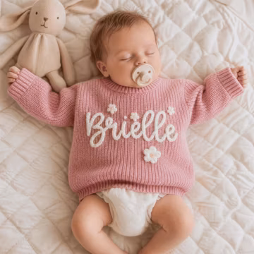 Personalized Hand Embroidered Knit Sweater | Custom Baby Name Jumper, Daisy Accents