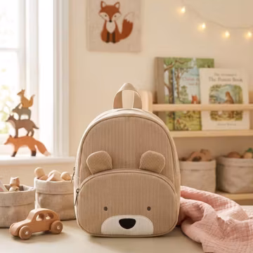 Personalized Khaki Corduroy Teddy Bear Backpack with Embroidered Name, Plush Preschool Bag for Toddlers, Kids Gift