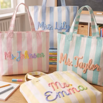 Custom Chenille Teacher Tote Bag, Personalized Name Canvas Bag, Custom Bride Tote Bag, Teacher Appreciation Gift, Custom Striped Beach Bag