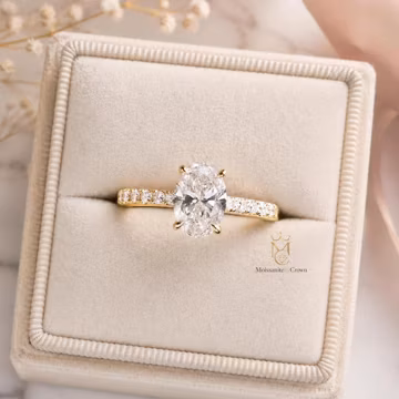 1.50ct IGI Certified Oval Lab Grown Diamond Engagement Ring, E Color VVS2 Oval Solitaire with Hidden Halo & Pave Band, 14K Yellow Gold