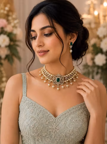 Emerald Green Pearl Choker Necklace Set, Indian Bridal Jewelry, Kundan Choker , Gold Plated Kundan Pearl Choker, Royal Wedding Jewelry Set