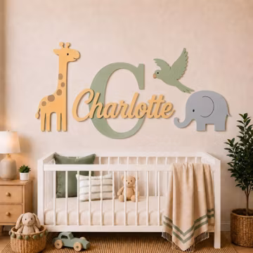 Custom Jungle Nursery Sign, Personalized Wooden Name with Safari Animals, Crib Wall Decor