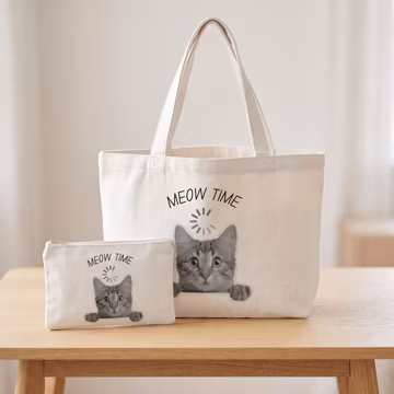 Meow Time Cat Canvas Tote, Cat Lover Gift, Daily Commute Shopping Bag