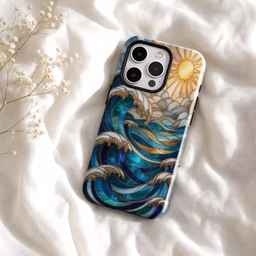 Stained Glass Golden Sun And Ocean Waves Art Print Phone Case,Nautical Sunrise Lovers,For iphone17 16 15 14 13 12 11,Samsung S26 S25,Magsafe