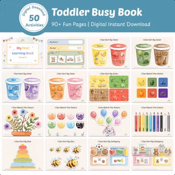 Toddler Learning Binder, Montessori Kids Busy Book, Preschool Activities, 90 Pages (Digital PDF Printable)