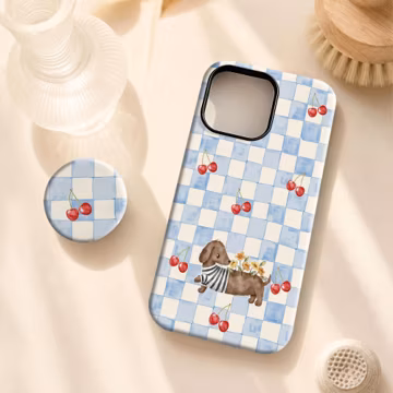 Watercolor Dachshund Cherry Checkered Phone Case,Cute Spring Puppy Print,For iphone 17 16,Samsung S26 S25,MagSafe Compatible Magnetic Stand