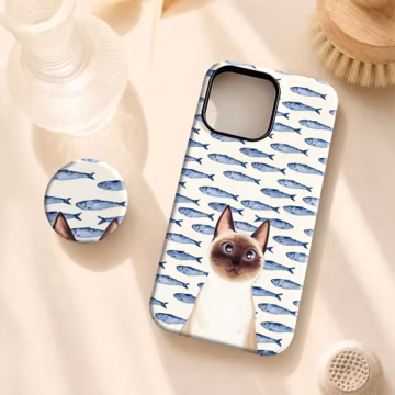Watercolor Siamese Cat Sardine Fish Phone Case,Adorable Pet Cute Kitten,For iphone 17 16,Samsung S26 S25,MagSafe Compatible Magnetic Stand