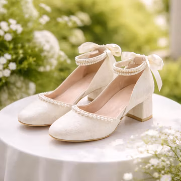 Floral Jacquard Bridal Heels Pearl Strap Wedding Shoes Block Heel Pumps