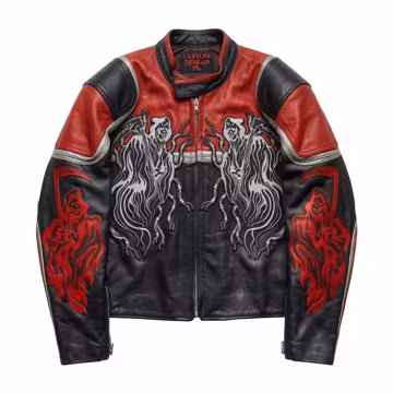 Dragon Leather Jacket, Gothic Biker Jacket, Red Black Motorcycle Jacket, Embroidered Dragon Jacket, Rocker Punk Outerwear, Unisex Jacket