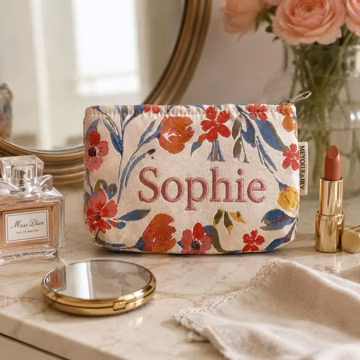 Personalized Floral Quilted Makeup Bag, Embroidered Name Cosmetic Pouch for Travel