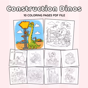 Construction Dinosaur Coloring Book | 10 Printable Pages | Excavator, Bulldozer & Crane