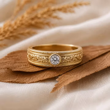 Vintage Bezel Diamond Wedding Band, Floral Engraved Gold Ring, Milgrain Wedding Band, Antique Diamond Band, Solid Gold Anniversary Ring