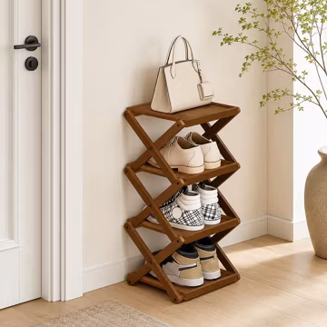 Foldable Wooden Shoe Rack, 4 Tier Entryway Shoe Organizer, No Assembly Storage Shelf, Space Saving Folding Stand