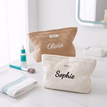 Embroidered Name Seersucker Makeup Bag, Custom Bridesmaid Zippered Pouch, Personalized Crochet Handwoven Straw Bag, Wedding Party Gifts
