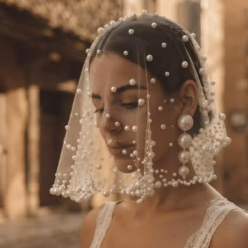 Pearl Bridal Veil Short Netted Face Veil with Scattered Pearls Modern Wedding Headpiece