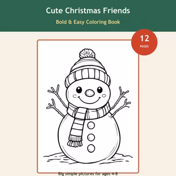 Bold and Easy Christmas Coloring Book for Kids, 12 Cute Simple Coloring Pages for Toddlers, Thick Line Printable PDF, Instant Download