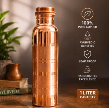 100% Pure Copper Water Bottle 1 Liter | Handmade Ayurvedic Copper Bottle | Leakproof Copper Drink Bottle | Wellness Gift | Eco Friendly