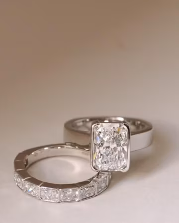 3CT Radiant Cut Moissanite Engagement Ring, Bezel Set Solitaire Ring, Moissanite Bridal Set, Matching Diamond Band, Modern Wedding Ring