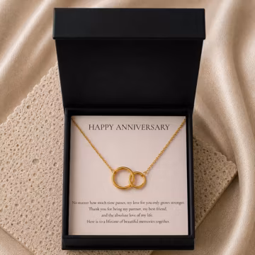 Anniversary Necklace - Double Circle Pendant in Stainless Steel Gold