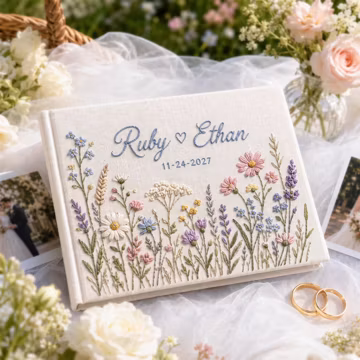 Personalized Wildflower Wedding Guest Book, Hand Embroidered Linen Memory Album, Rustic Floral Keepsake