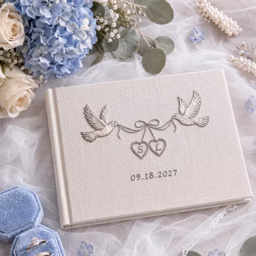 Personalized Embroidered Wedding Guest Book, Dove Heart Locket Linen Album