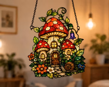 Mushroom House Acrylic Suncatcher, Cottagecore Fairy Garden Window Hanging, Whimsical Snail Flower Sun Catcher, Nature Lover Gift