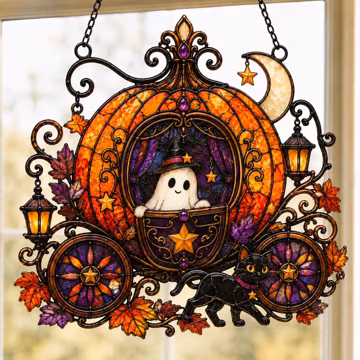 Ghost Pumpkin Acrylic Carriage Suncatcher, Black Cat Halloween Window Hanging, Vintage Spooky Carriage Sun Catcher, Fall Decor Gift