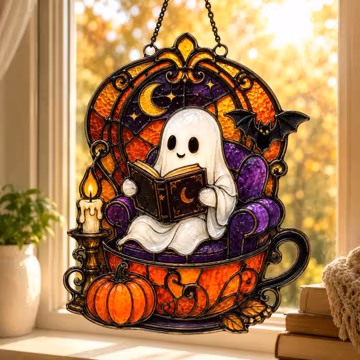 Reading Ghost Acrylic Suncatcher, Cute Ghost in Pumpkin Teacup Window Hanging, Bookworm Halloween Sun Catcher, Cozy Fall Bookish Gift