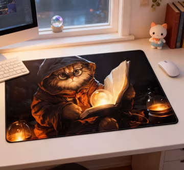 Magical Cat Desk Mat, Black Vintage Mousepad, Aesthetic XL Gaming Desk Pad, MTG Playmat Office Decor, Polyester Mouse Pad