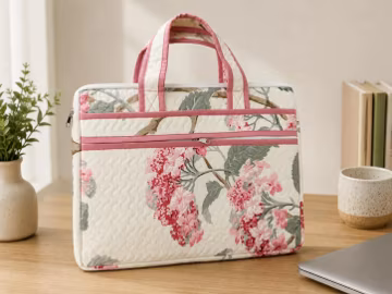 Floral Quilted Cotton Laptop Sleeve Bag, Padded Tote with Zipper Pocket, Gift for Her, College Laptop Bag