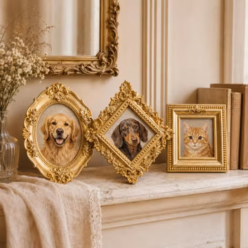 Personalized Pet Portrait, Custom Dog Cat Painting, Antique Gold Frame Wall Art, Handmade Animal Artwork, Unique Pet Lover Gift