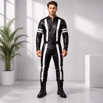 Handmade Sheep Leather Motorcycle Racing Jumpsuit Black White Biker Suit Custom Cosplay Outfit