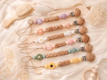 Personalized Pacifier Clip with Name, Custom Silicone Bead Binky Holder, Wooden Dummy Clip, Newborn Baby Gift
