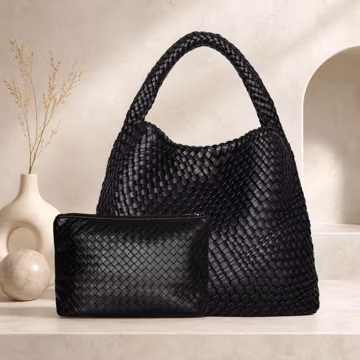 Handwoven Vegan Leather Tote Bag Oversized Hobo Style Shoulder Bag With Matching Pouch