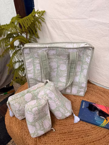 Hand Block Print Quilted Tote Bag and Toiletry Pouch Set | 100% Cotton Travel Kit.