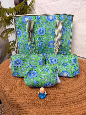 Floral Block Printed Tote Bag & Toiletry Bag, Cotton Quilted Bag, Toiletry Elegant.