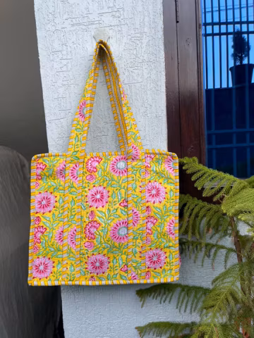Hand Block Print Quilted Tote Bag, 100% Cotton, Artisan Crafted Shoulder Bag.