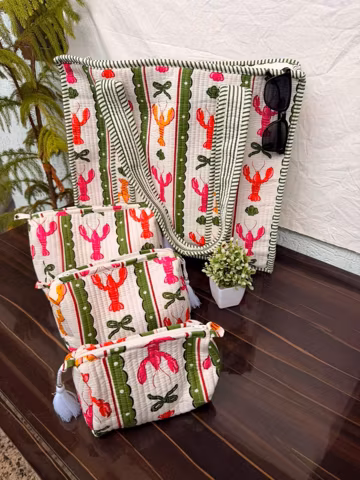 Hand Block Print Quilted Cotton Tote Bag Travel Set, Handbag Makeup Organizer.