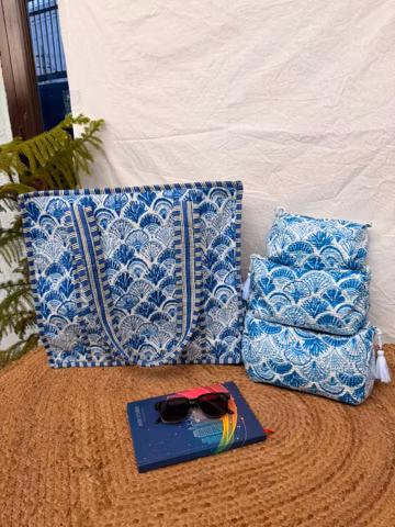 Floral Quilted Tote Bag and Toiletry Pouch | Travel Kit, Handmade Cotton Shoulder Bag, Cosmetic Organizer.