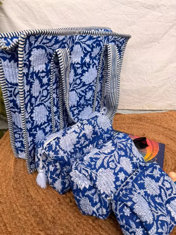Hand Block Print Quilted Cotton Tote Bag Set, Floral Travel Cosmetic Cases.