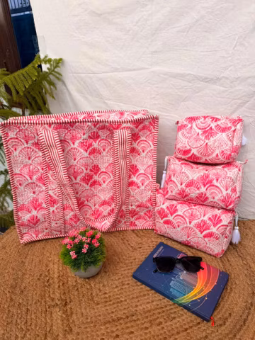 Quilted Cotton Tote Bag with Matching Toiletry Pouches Travel Set Print Hand-Block Handbag Makeup Organizer Bag Set.